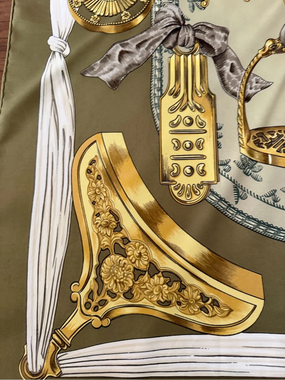 Hermes Etriers Silk Scarf with Gold Equestrian Hardware Print in Olive and Cream - Picture 8 of 16